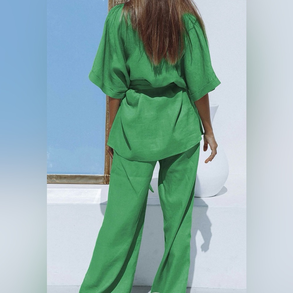 Commense Oversized Linen Tied Two Piece Pants Set - Picture 3 of 11